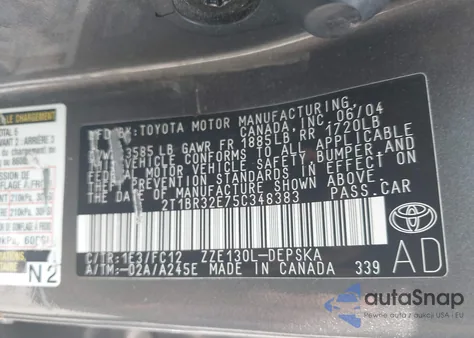 2005 Toyota Corolla Ce/Le/S from USA, damaged, VIN 2T1BR32E75C348383